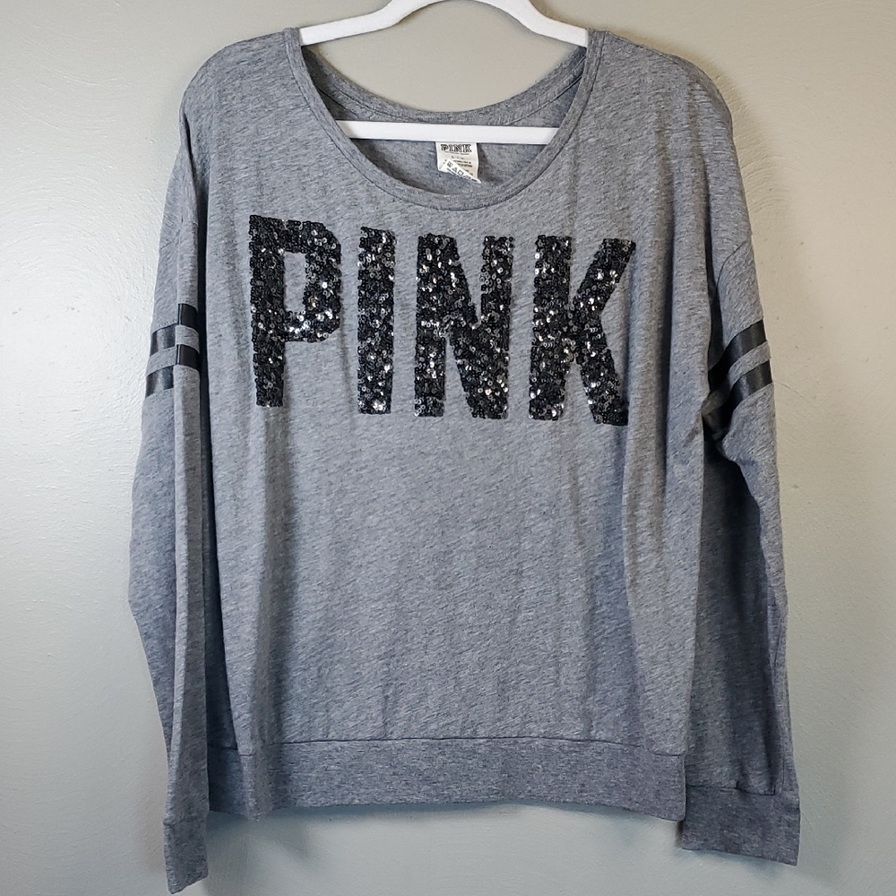 Victoria's Secret Gray Long Sleeve Tee with Black Sequin Logo. Size Large
